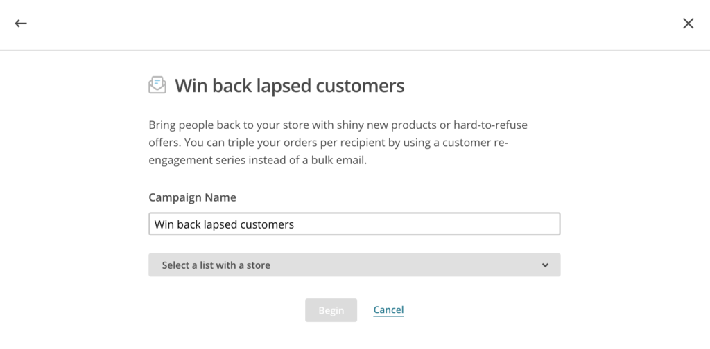 Setting up a campaign to win back previous customers in Mailchimp