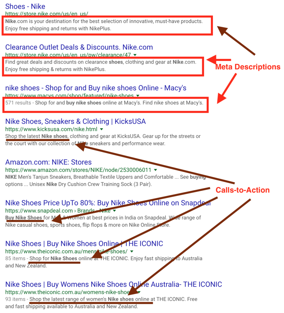 Meta descriptions and calls-to-action in the SERP