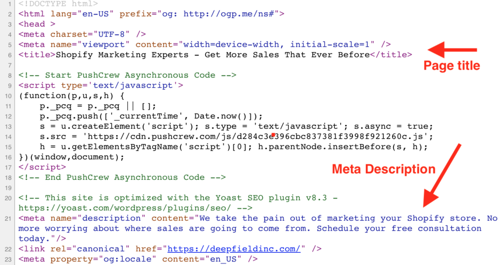 Example of meta tags being used in HTML code