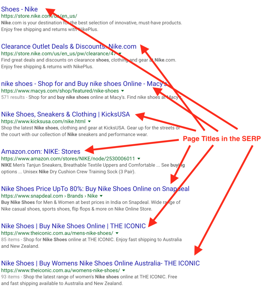 Page titles being used in a search engine results page SERP
