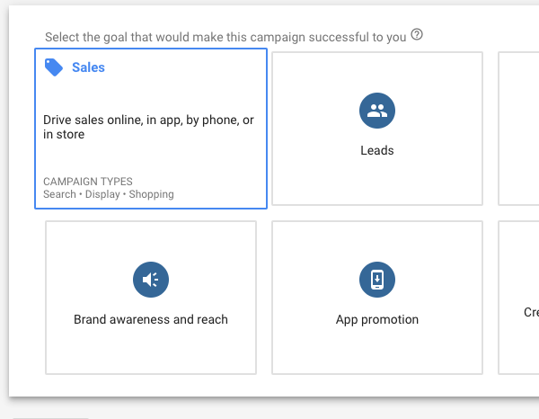 Choosing the Sales goal in Google Ads campaign creation