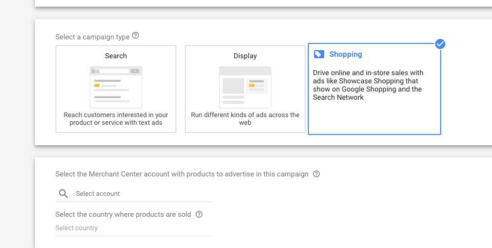 Choosing the Shopping campaign type in Google Ads