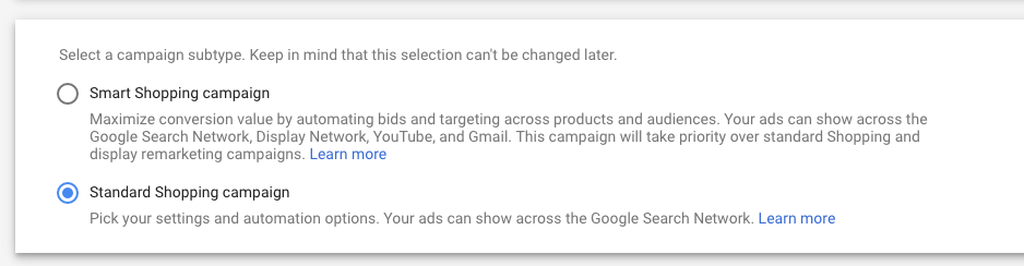 Google Ads Smart Shopping campaign selection