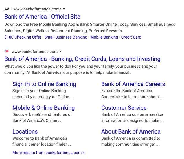 Bank of America controls the top of their branded SERP