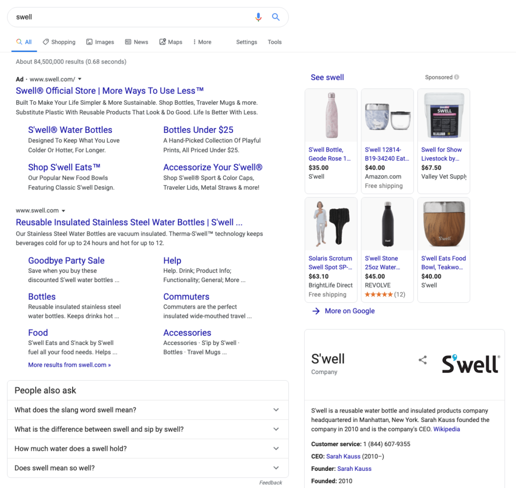 S'well does a great job of controlling their search engine results page